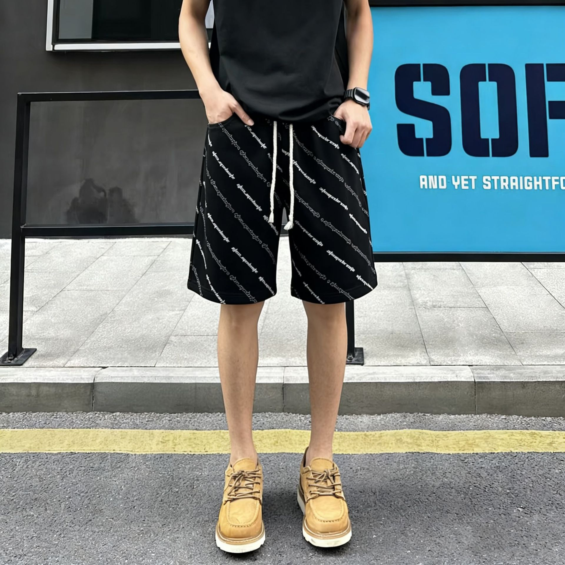 美式男士休闲裤子夏季薄款印花五分裤新款潮流百搭宽松运动短裤男