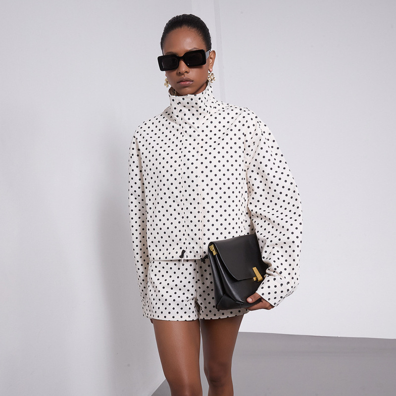 Cross-Border Women's Clothing Wholesale Polka Dot Stand Collar Loose Jacket 5247713 High Waist Mini Shorts 2010713