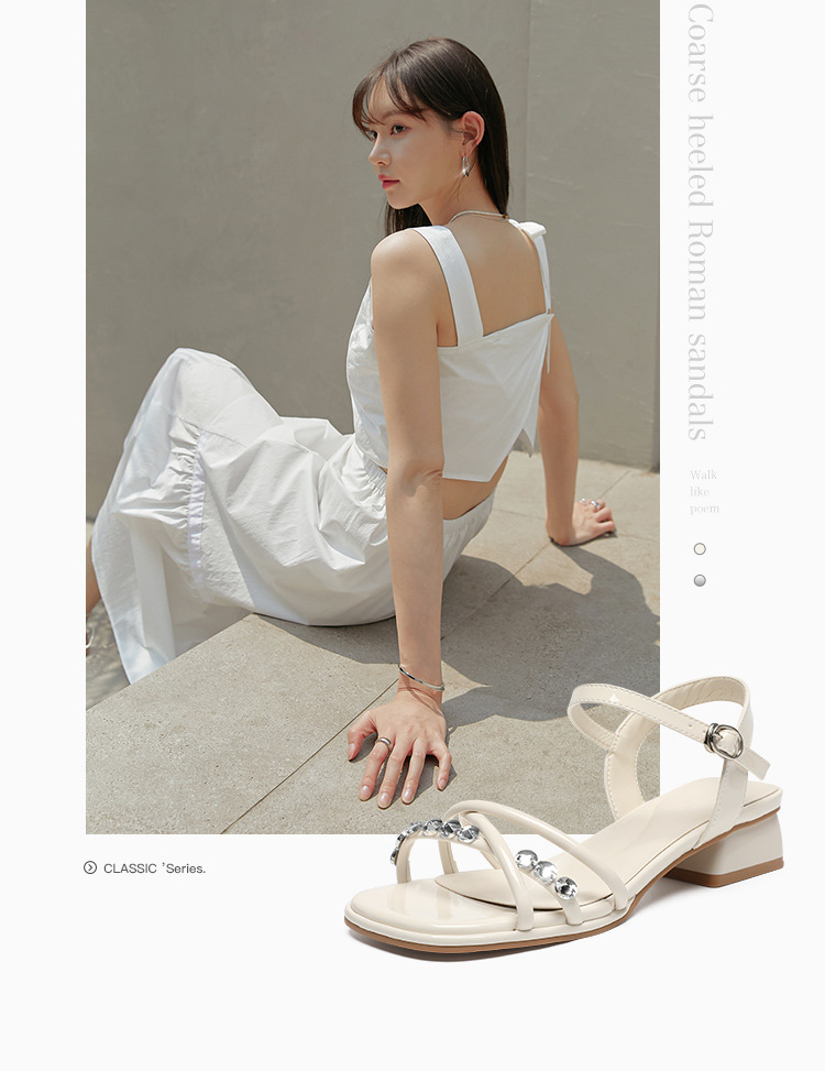 Sandal La Mã nữ đế dày đính đá gót vuông phong cách cổ điển — JF188 màu be chi tiết 5