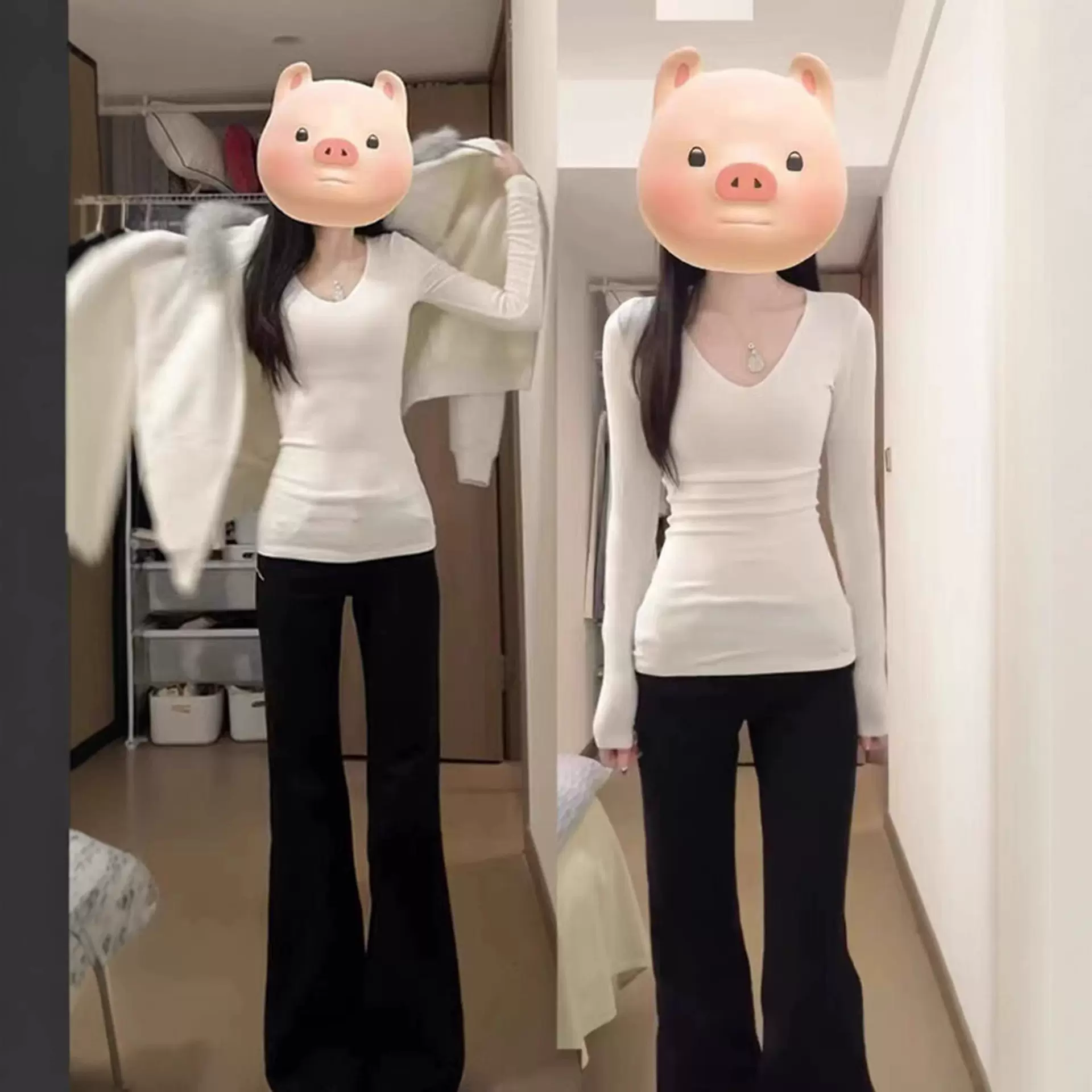 白色v领打底衫女早秋冬季内搭绝美巨好看上衣修身长袖t恤韩系穿搭