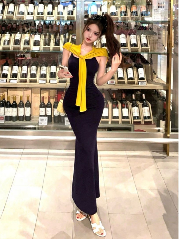 藏蓝色吊带连衣裙女夏季纯欲修身鱼尾长裙显身材收腰包臀裙一整套|undefined