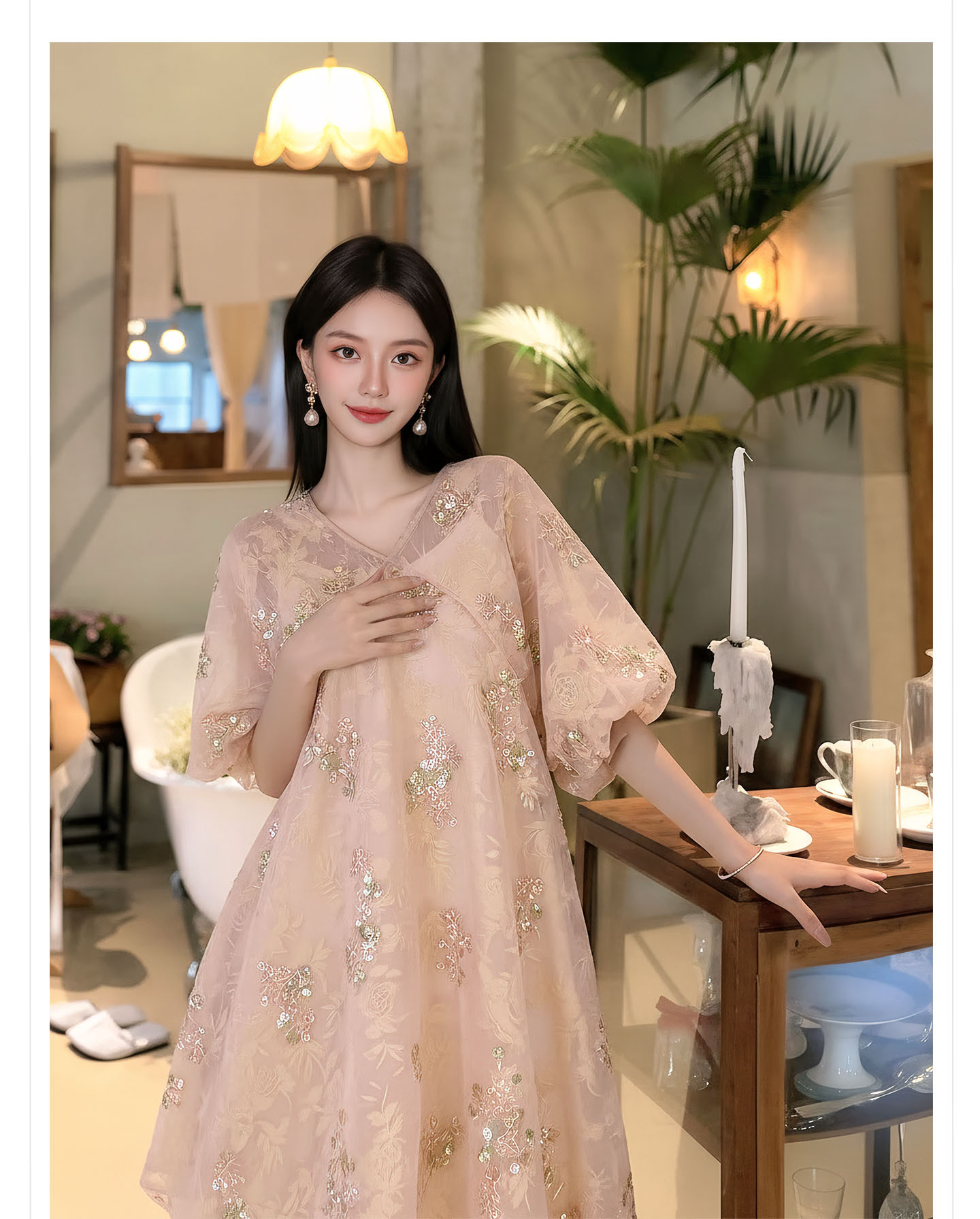 Đầm maxi nữ thắt eo họa tiết hoa thêu phong cách tân cổ điển hai dây — màu hồng chi tiết 2