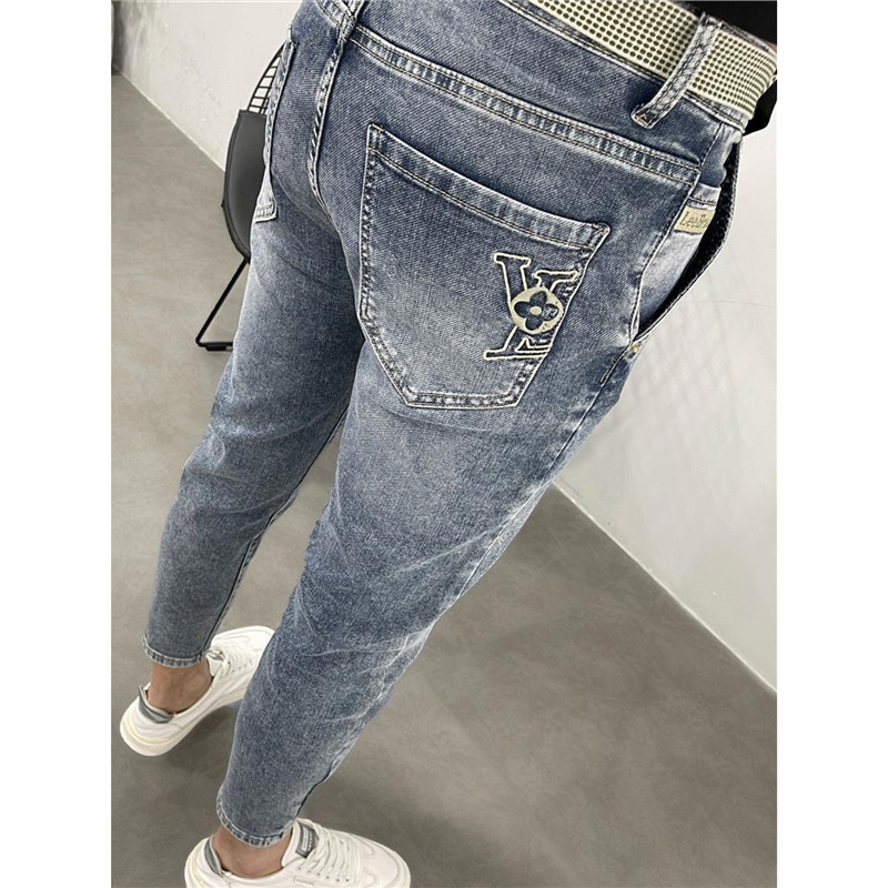 High-End Embroidered Denim Jeans with Diagonal Pockets for Men, Trendy Brand, Elastic Slim Fit, Casual, Slightly Tapered, Cropped Pants