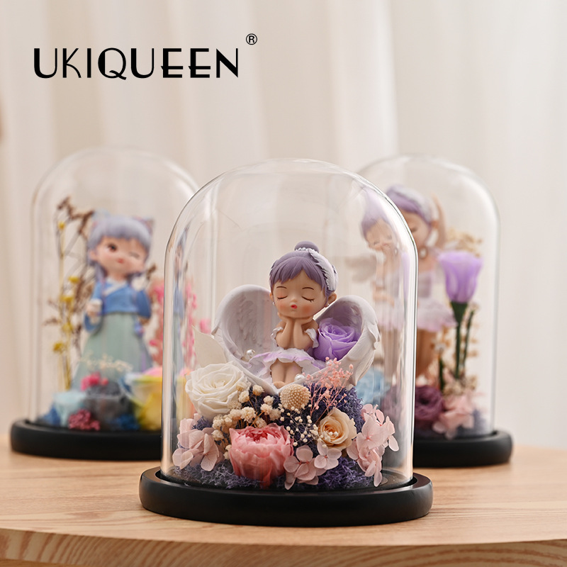 Naxi reina flor eterna cubierta de cristal gato hadas muñeca decoración serie Rosa flores al por mayor qixi regalo