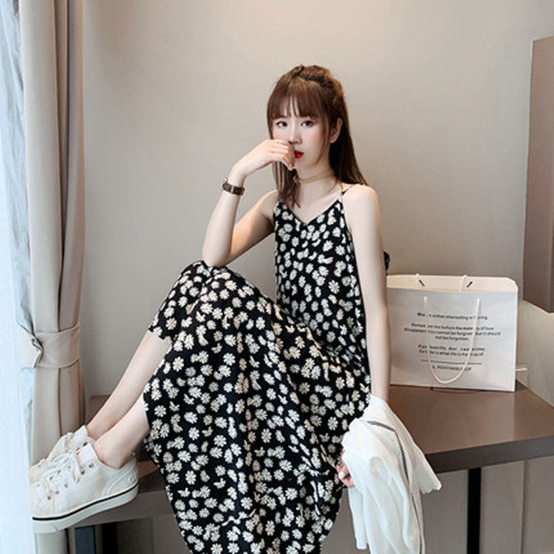 Small daisy floral sling dress female su...