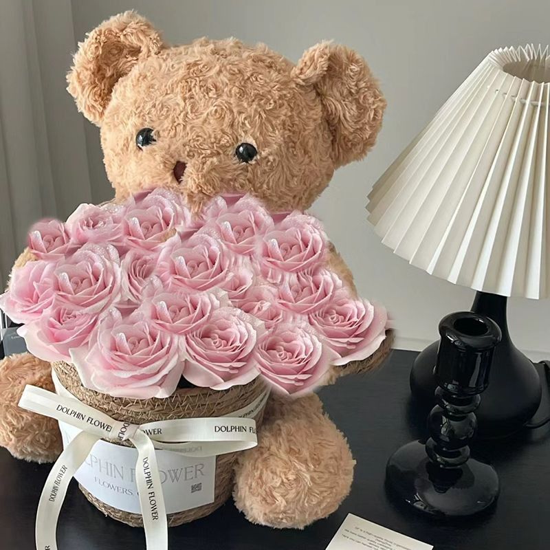 Oso de peluche con flores eternas para regalo de Año Nuevo, oso de peluche con ramo de flores para regalo de cumpleaños para amigas