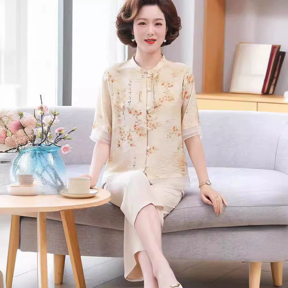 Мама одежда 2024 летняя новая средняя и пожилая женская национальная футболка бабушка летняя одежда пожилой костюм с короткими рукавами