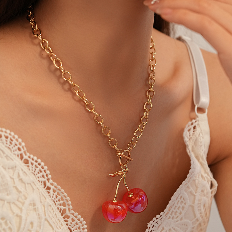 1 Piece Quantity Date, Tea Party Occasion Sweet Cherry Alloy Resin O-shaped Necklace Pendant Necklaces Wholesale