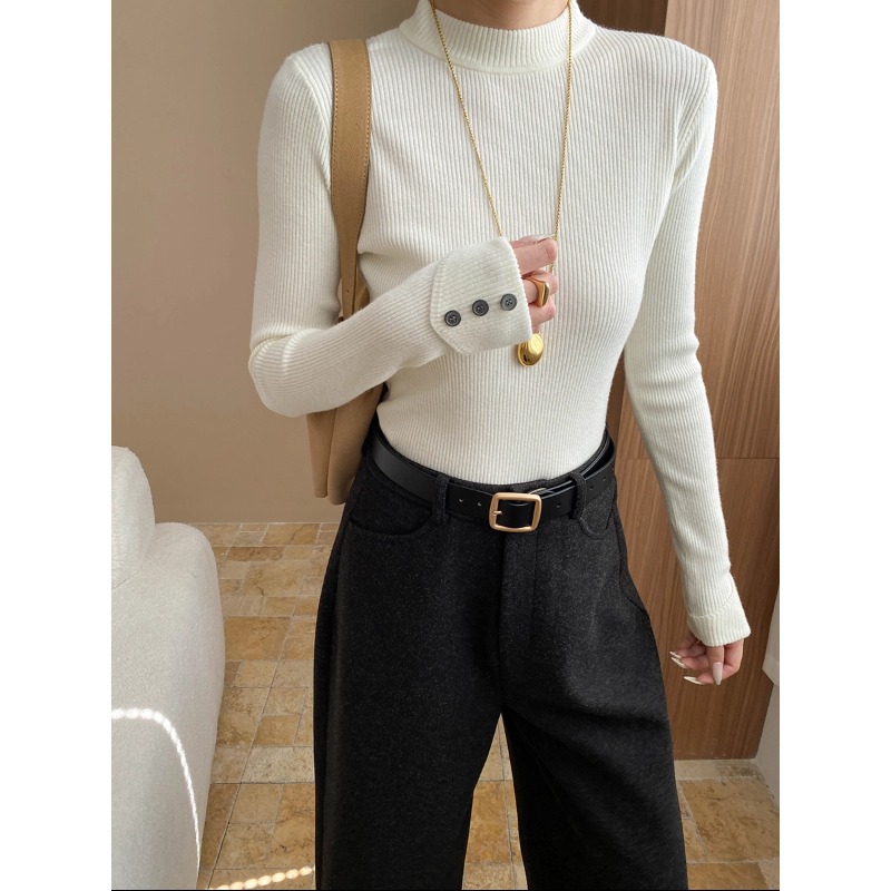 司南 叠穿好拍档 气质纽扣翻袖修身显瘦半高领针织打底衫 SN8205