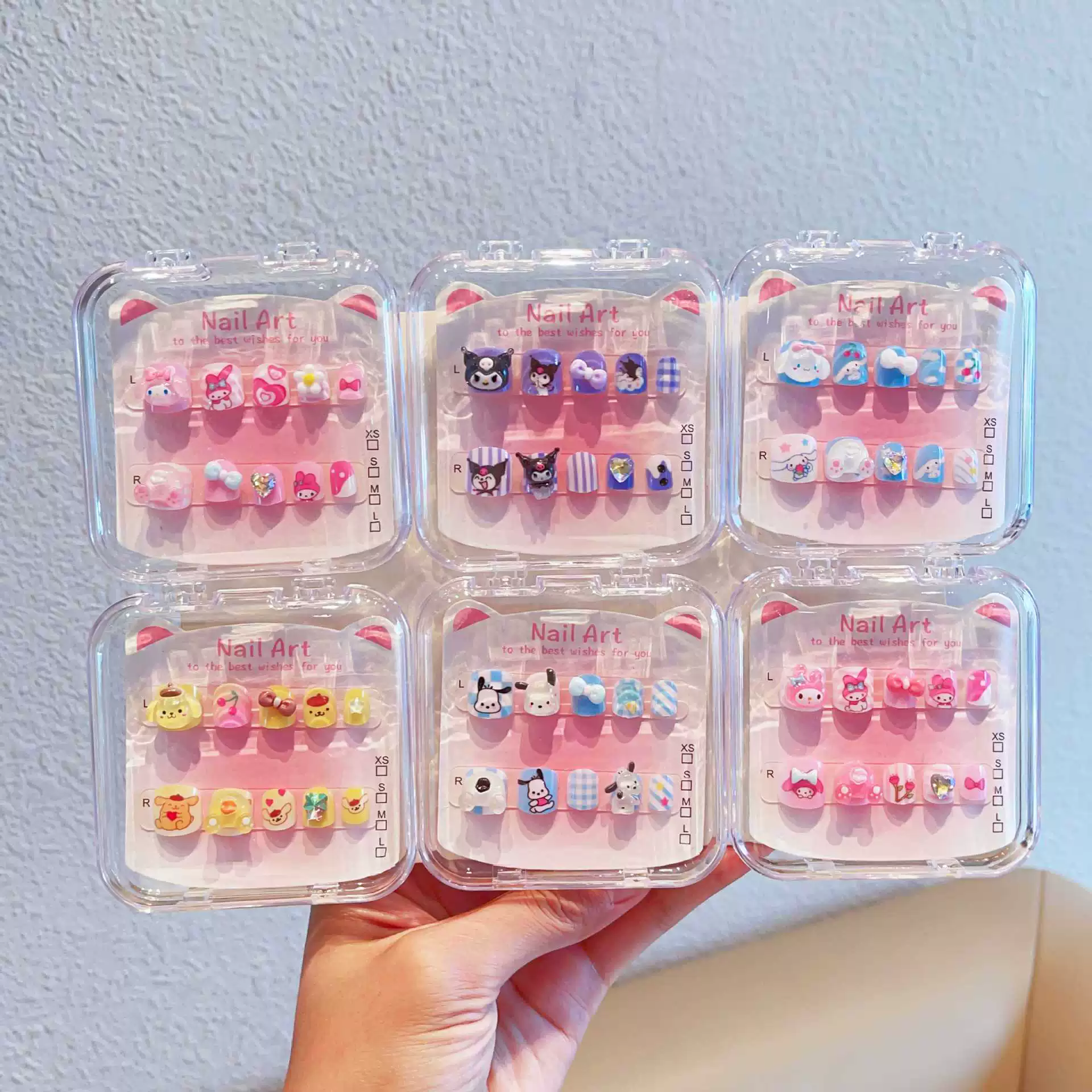 Sanrio милые детские наклейки для ногтей с рисунком розового цвета, носимые ногти с клеем, самоклеящиеся аксессуары для ногтей, наклейки для дизайна ногтей