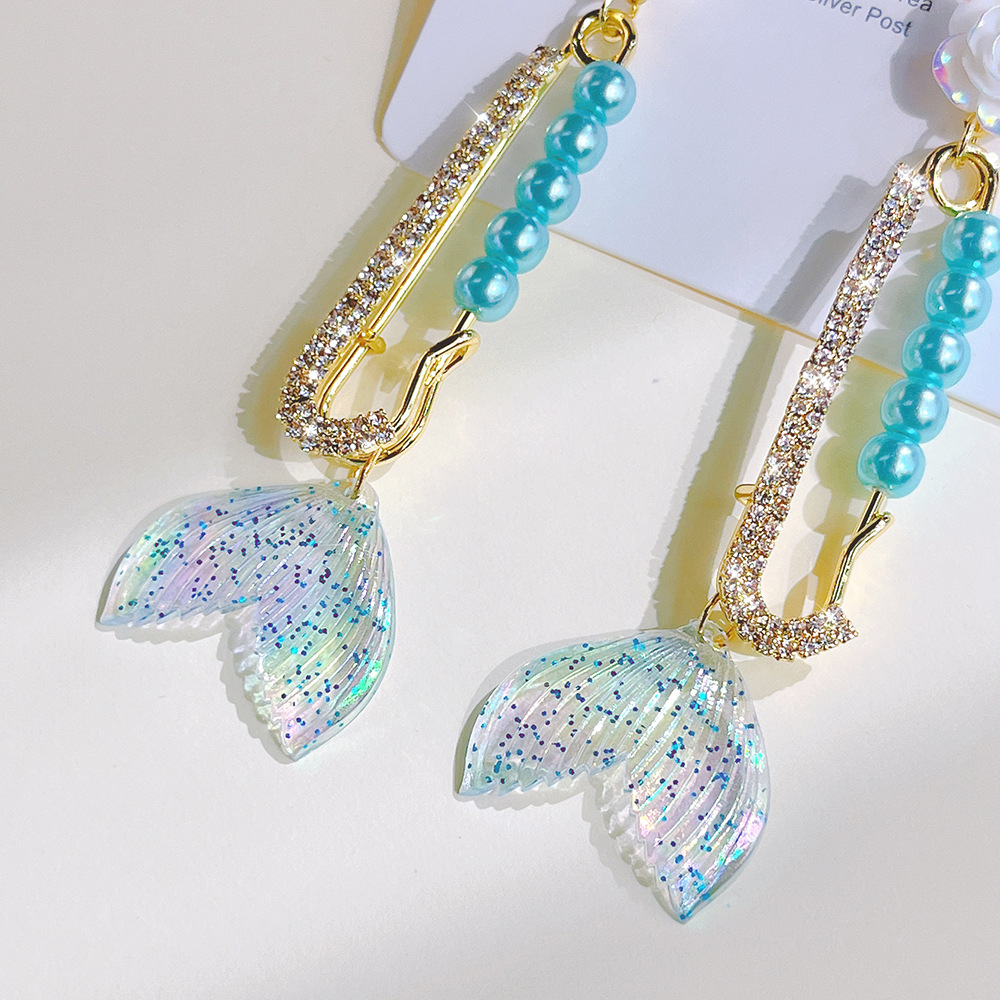 1 Pair Sweet Flower Fish Tail Glass Metal Rhinestone Womenu0027S Chandelier Earrings