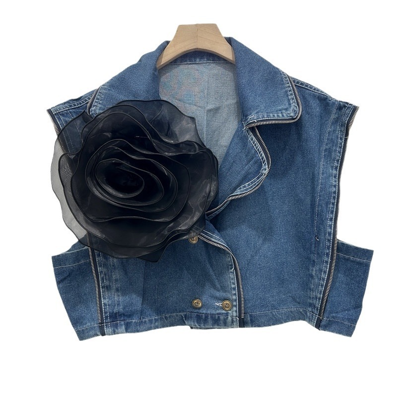 Verano nuevo estilo elegante flor tridimensional diseño personalidad hombro ancho chaleco vaquero pequeño chaqueta de caballo abrazadera chaqueta mujer