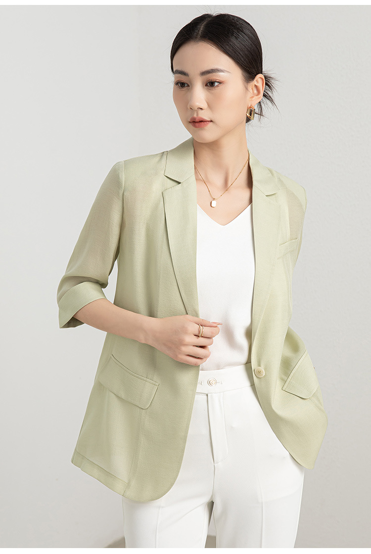 Áo blazer nữ mỏng mùa hè màu xanh lá cây dáng suông nhẹ — Màu Sâm panh chi tiết 9