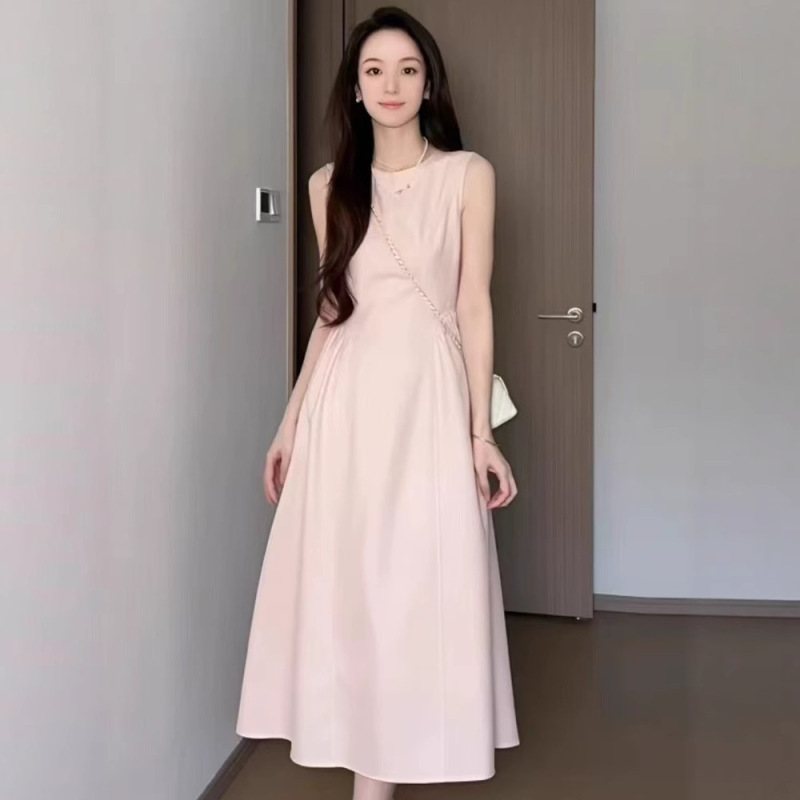 ピンク 2025 新しい夏のノースリーブベストドレス女性のスリムウエストデザインラウンドネックドレス|undefined