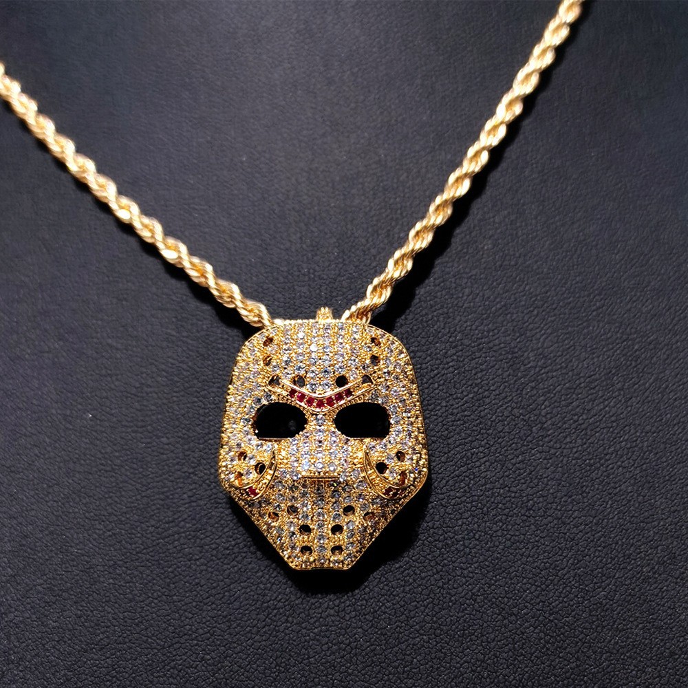 Copper inlaid zirconium masquerade dance mask pendant, luxurious and versatile hip-hop personality pendant necklace for_voghion.com