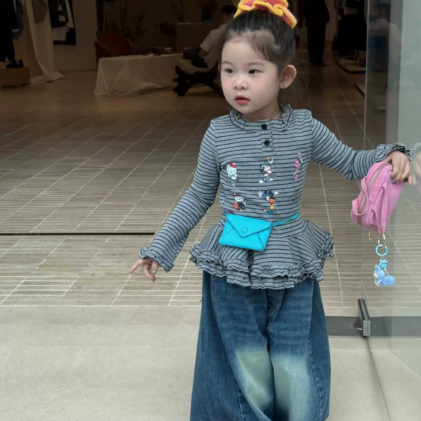 2025秋季新款童装 韩版童装 女童条纹卡通木耳边T恤 幼儿园长袖t