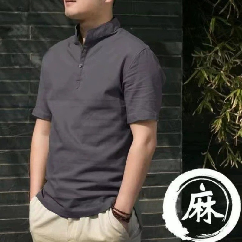 Трансграничный спот в китайском стиле мужская льняная футболка мужская свободная сплошная футболка с вертикальным вырезом ретро хлопчатобумажная рубашка с короткими рукавами