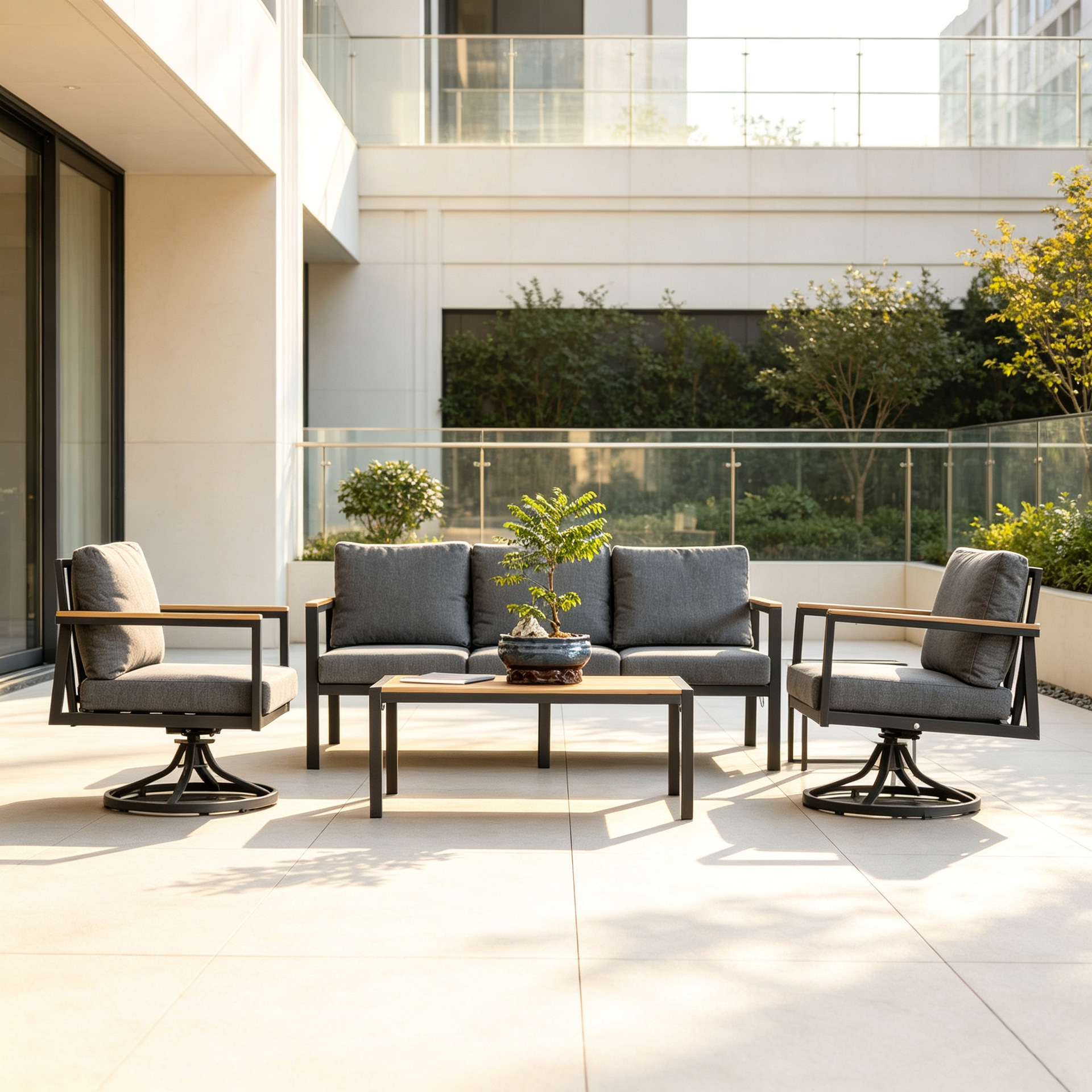 Sofás de patio al aire libre con cuatro piezas de marco de hierro, mesas de madera plástica con pasamanos, sofás impermeables y sillas giratorias en el balcón image 1