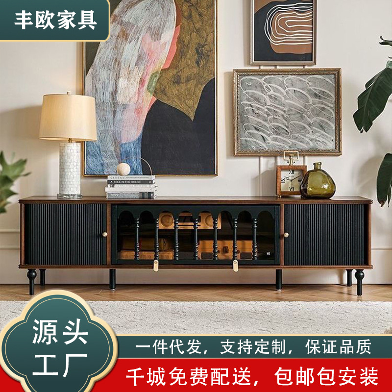 New Mid-Century Style Solid Wood Tv Cabinet Combination Black American Retro Small Apartment Living Room Storage Cabinet Roller Shutter Floor Cabinet