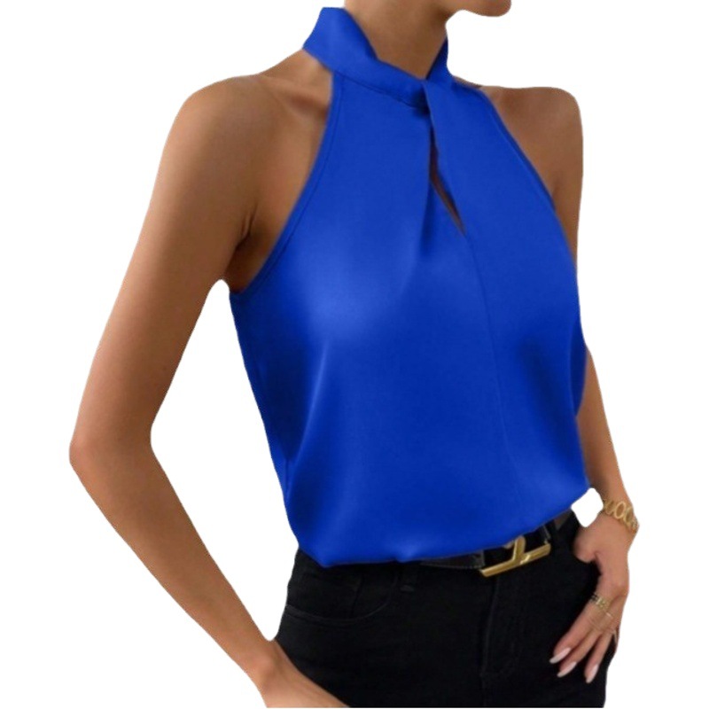 2025 verano nuevo estilo de las mujeres europeas y americanas satén cuello halter sin mangas chaleco de seda de imitación satinado top spot al por mayor