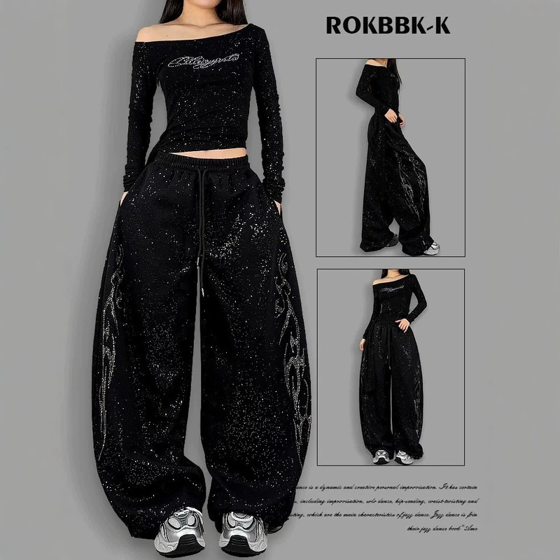 American street style rhinestone-embellished silver glitter sweatpants hip-hop dance pants jazz loose casual wide-leg pants for women