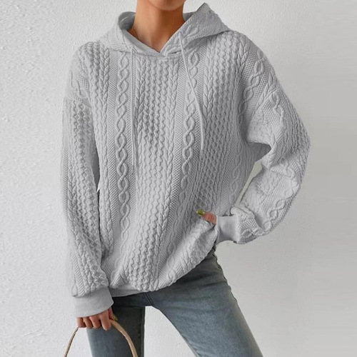 New European and American-style autumn plus-size casual jacquard hooded drawstring long-sleeved knitted sweatshirt