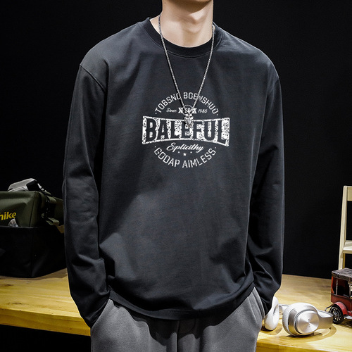 New Autumn Trend Men's Long-Sleeve T-Shirt for Youth, Pure Cotton Crew Neck, Loose Fit, Large Size, Streetwear Long Sleeve