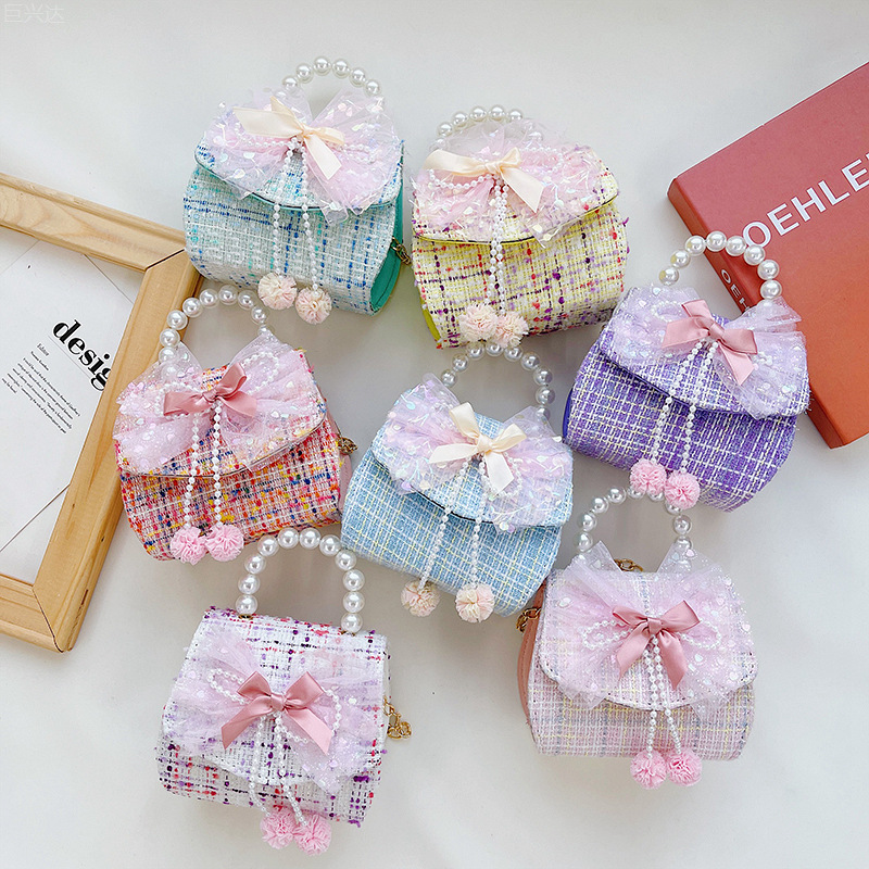 Bolsa de moda para niños 2021 otoño e invierno nuevo algodón y lino de lana estilo Chanel arco perla bolsa de mensajero portátil para niñas