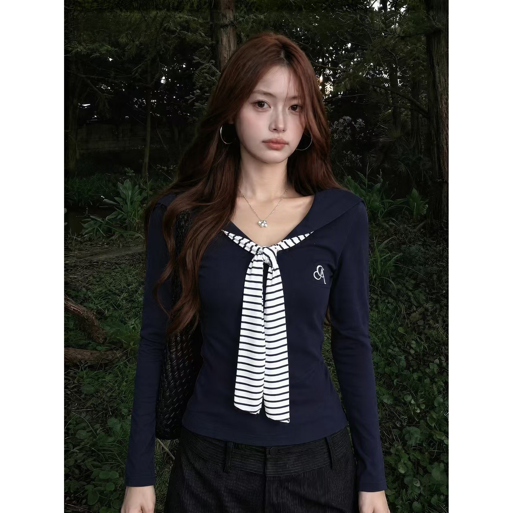 Zhuoze Wholesale [Original Fabric Rayon, Customizable Cut, Color-blocked Snowflake Cotton Stripes] Navy Collar Striped Base Layer