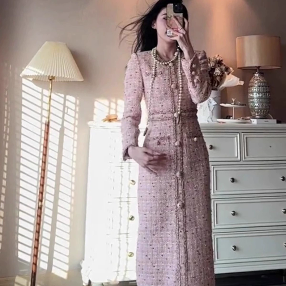 1956 Легкое роскошное элегантное розовое платье во французском стиле, осень и зима, Новое высококачественное супер красивое платье в стиле Шанель