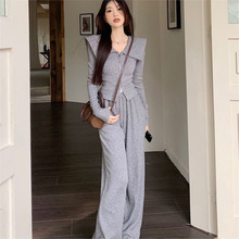 2023秋冬新款娃娃领时尚套装女修身显瘦翻领外套休闲阔腿裤两件套