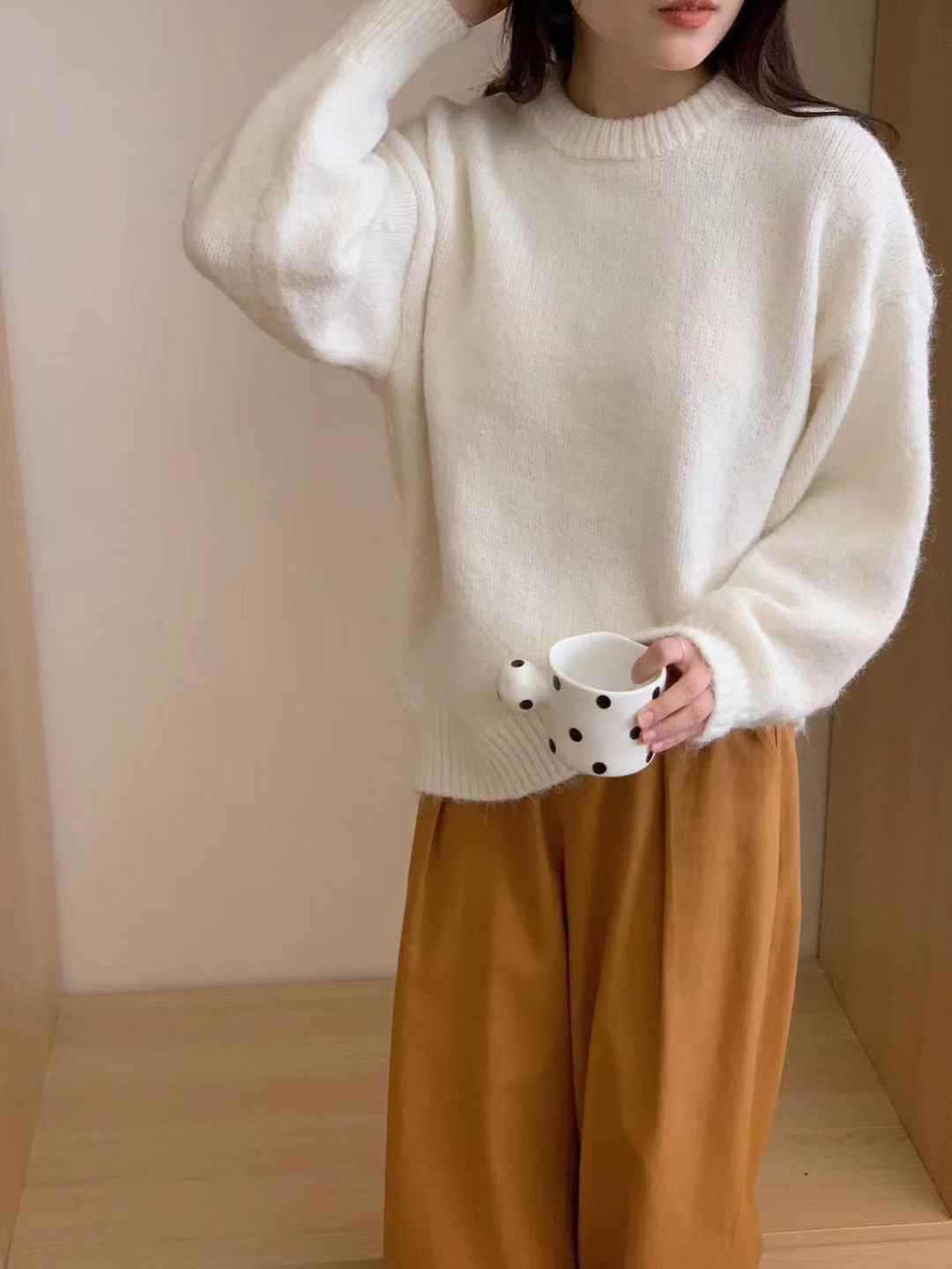 24 invierno Puyuan 2024 otoño y invierno nuevo estilo coreano de color sólido anillo camisa de punto de hilo suave viento