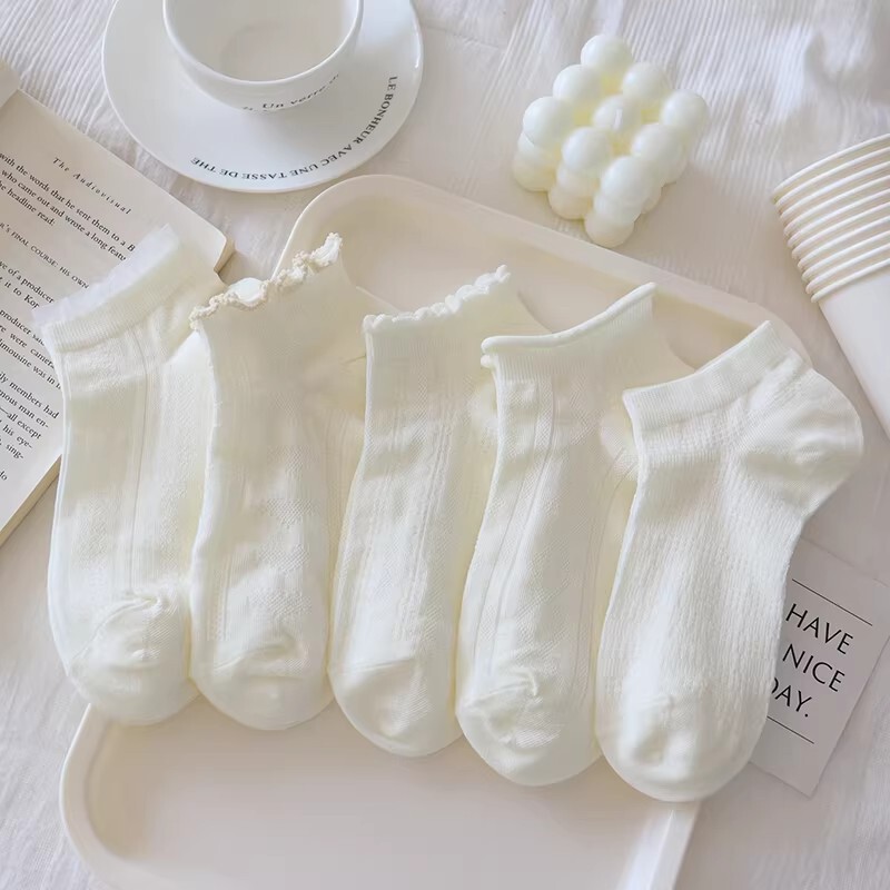 Girls' Socks, Summer Thin Mesh Short Socks, Milk White Solid Color Lace Low-Cut Boat Socks, Versatile Cotton Socks for Girls