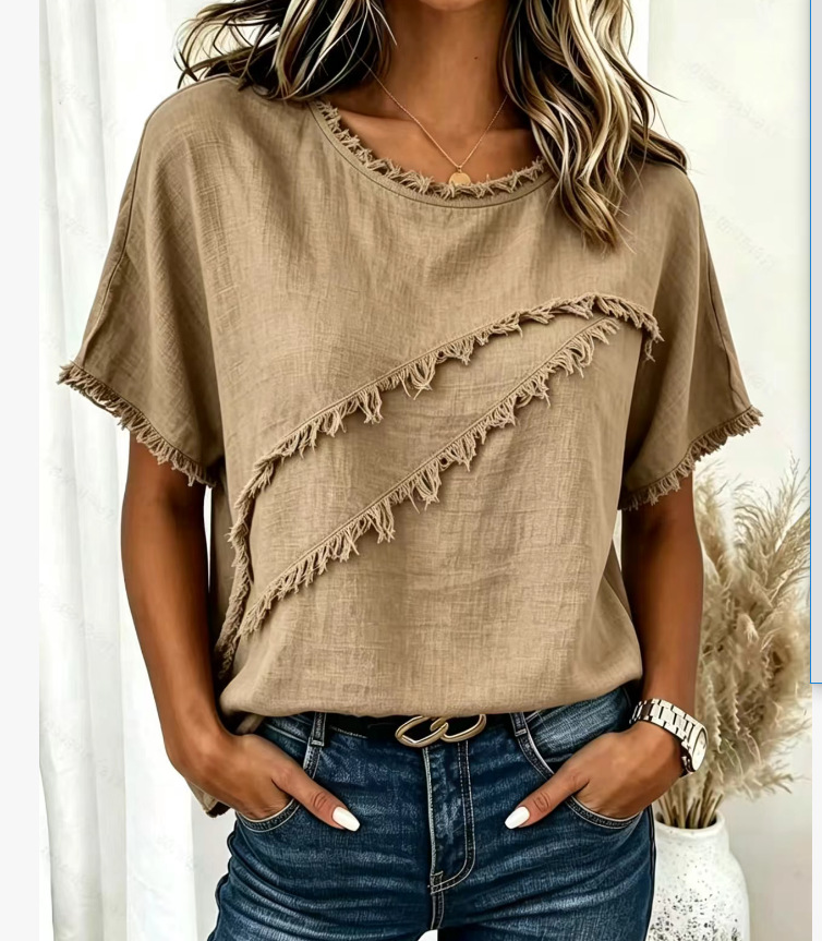 Blusa de mujer en algodón y lino con patchwork y borlas_voghion.com