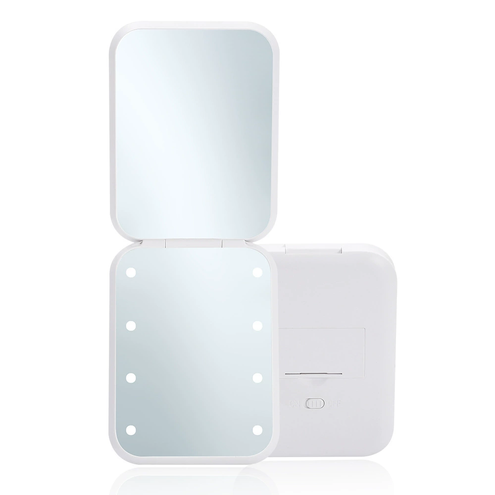 Foldable Mini LED Makeup Mirror, Double-Sided, ABS, 6 LEDs, Portable 70×70×10 mm
