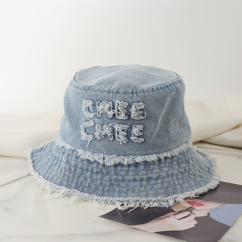 Frayed Edge Women's Denim Bucket Hat With Logo For Outdoor Hiking_voghion.com