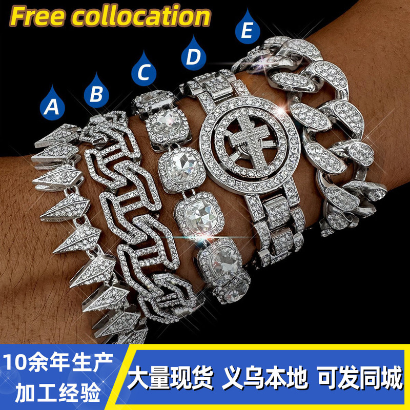 Full Diamond Cuban Chain Bracelet Set Spiked I-Shaped Alloy Rhinestone Hip-Hop Jewelry Cross-Border Exclusive for Personalized Hip-Hop