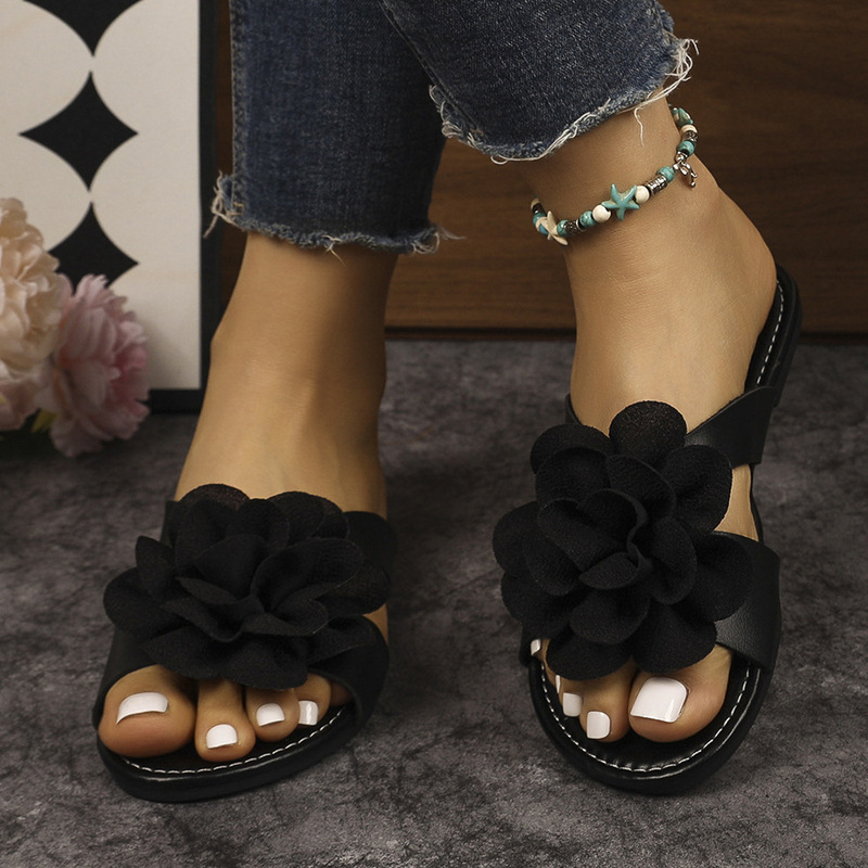 Women's Elegant Floral Square-Toe Sandals with Unique Three-Dimensional Flowers, Flat Slip-On Slippers for Casual and Semi-Formal Occasions Women's Elegant Floral Square-Toe Sandals with Unique Three-Dimensional Flowers, Flat Slip-On Slippers for Casual and Semi-Formal Occasions