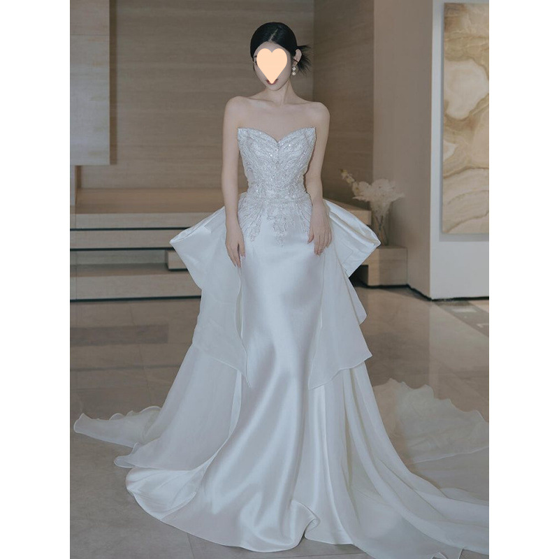 Abito da sposa elaborato in stile francese, nuovo modello 2025, abito formale a sirena in raso, semplice ed elegante._voghion.com