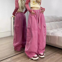 アメリカのレトロなピンクの服装のズボンの女性の春秋のまっすぐな筒のゆったりしている広脚の高い腰はやせているカジュアルなズボンのデニムのズボンの潮を現します。