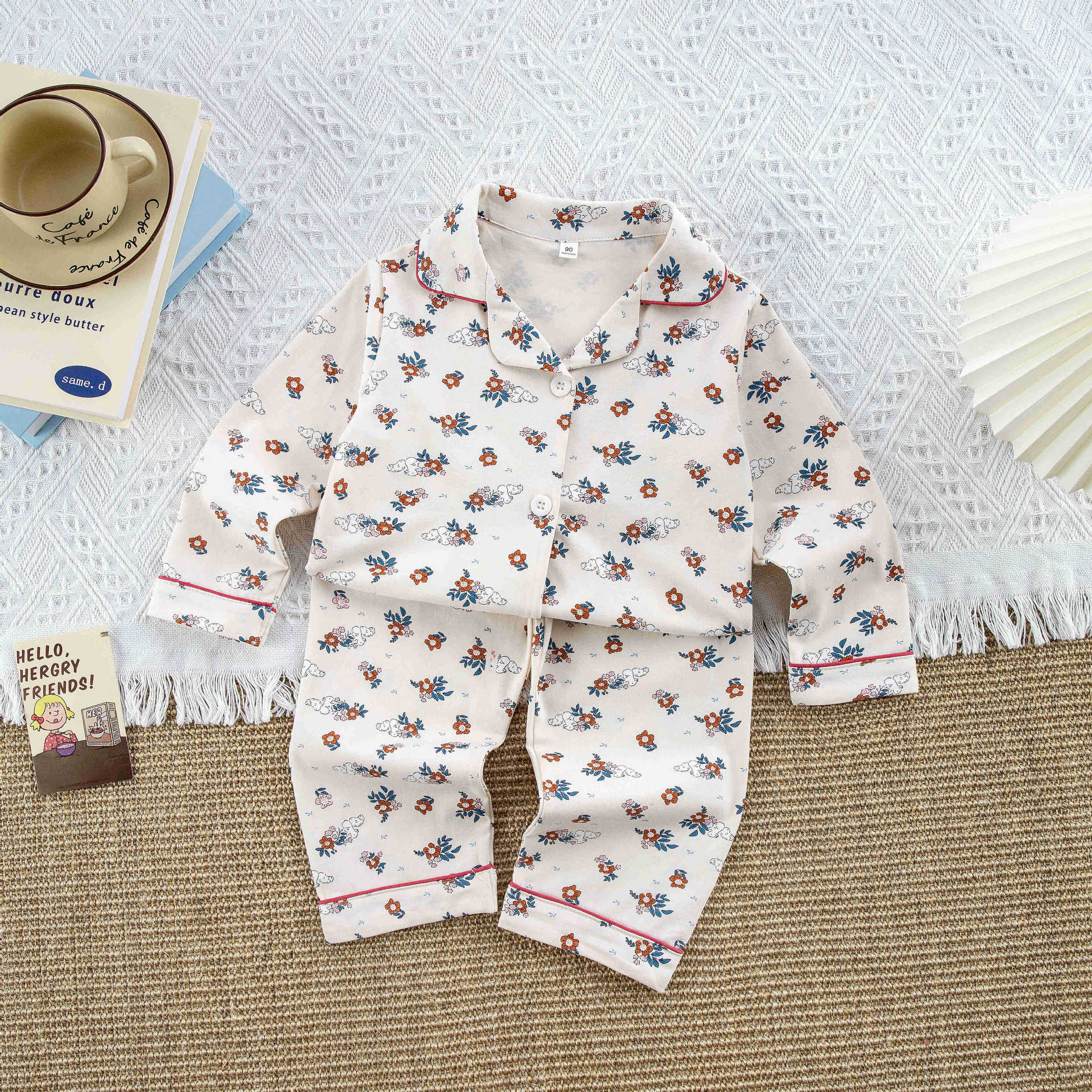 (2개) 아동용 잠옷, 얇은 가정복, 봄, 가을 남녀 긴팔 바지, 가디건, 순면, 큰 아동 캐주얼 A 급 정장