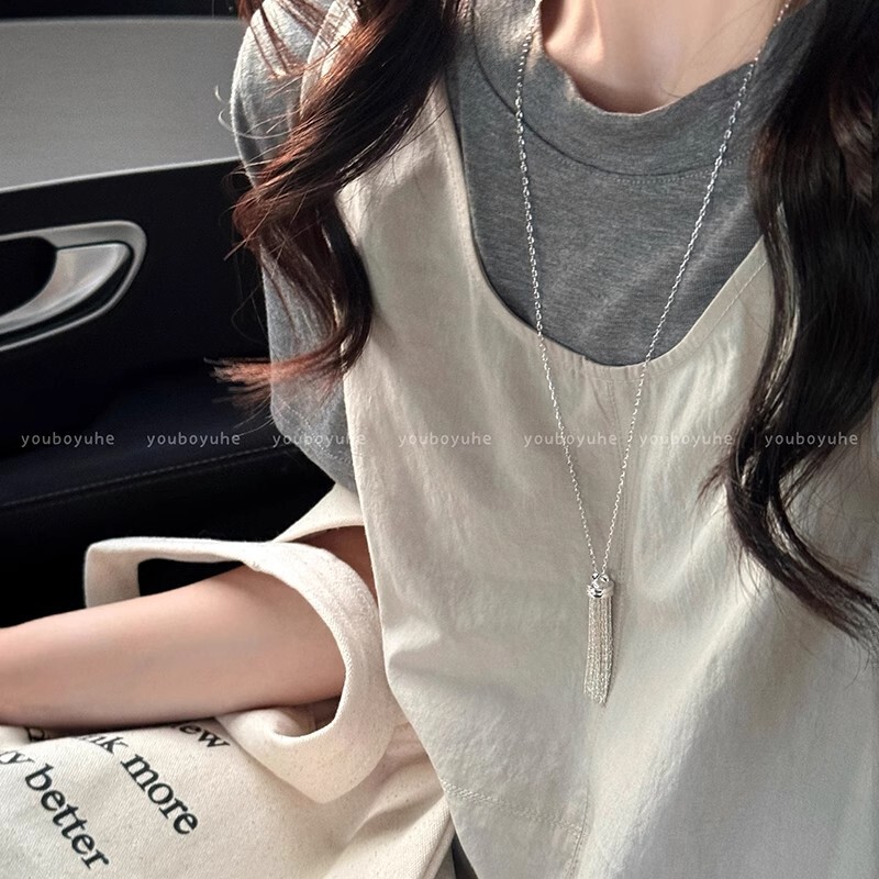 Korean Blogger's Same Style Silver Tassel Necklace for Women 2025 New Long Clavicle Chain Niche Design Pendant Accessories