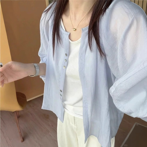 French-style gentle lavender silk-linen sun shirt for women, summer thin model, outerwear overlay tunic, loose bell sleeve blouses and coats