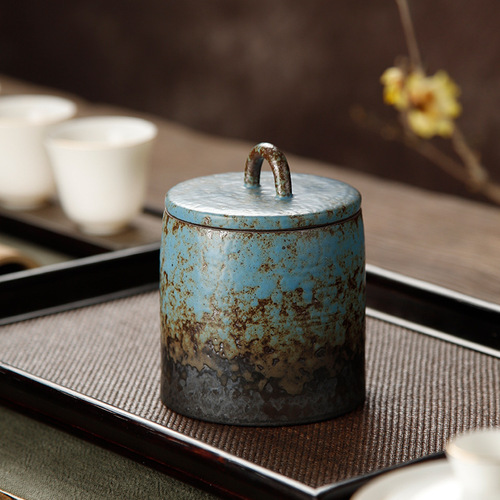 Coarse pottery tea can, awakening tea can, Japanese-style tea warehouse ceramic sealed storage jar, Pu'er retro tea box packaging tea set