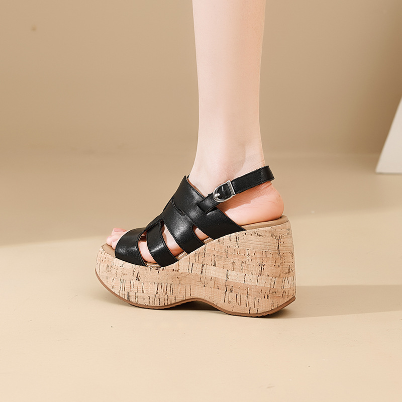 Sandal cao gót nữ hở mũi phong cách Bohemian đế xuồng dày — màu đen, màu trắng ngà
