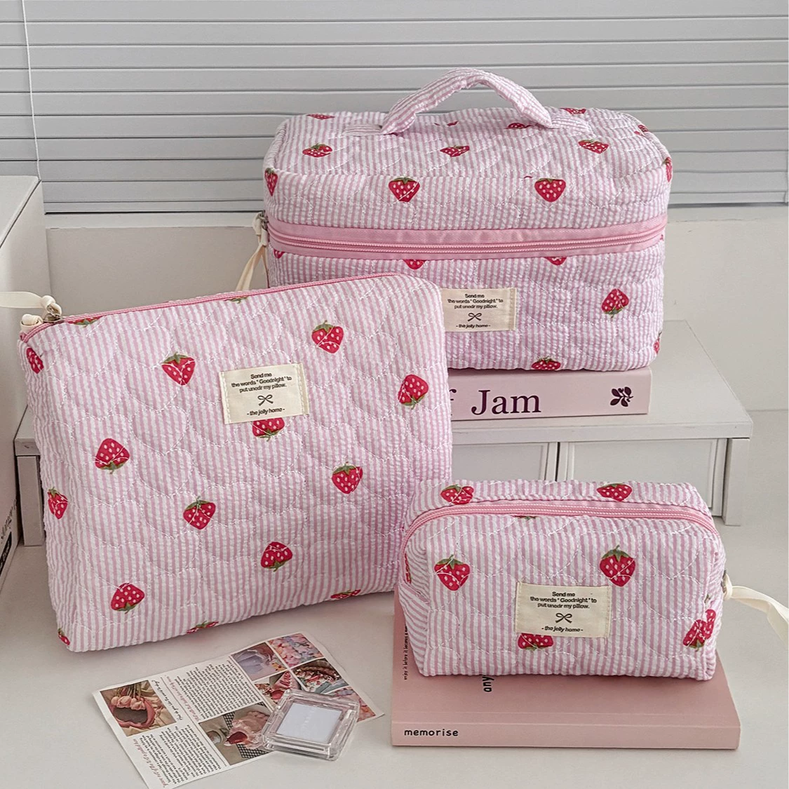 Capacious cosmetic bag with bow, handheld soft organizer bag, flowered