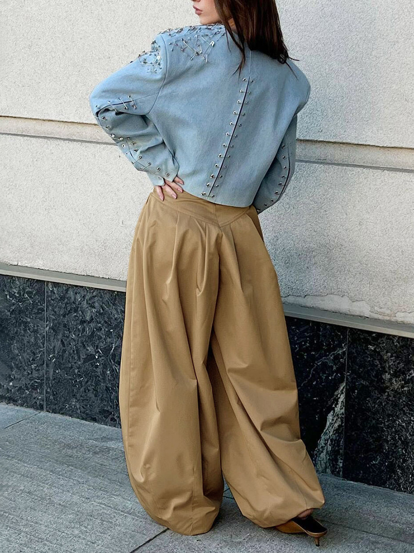 2025 otoño y invierno nuevos pantalones delgados y sueltos transfronterizos, pantalones de cuchillo de estilo antiguo, pantalones de cintura alta de moda