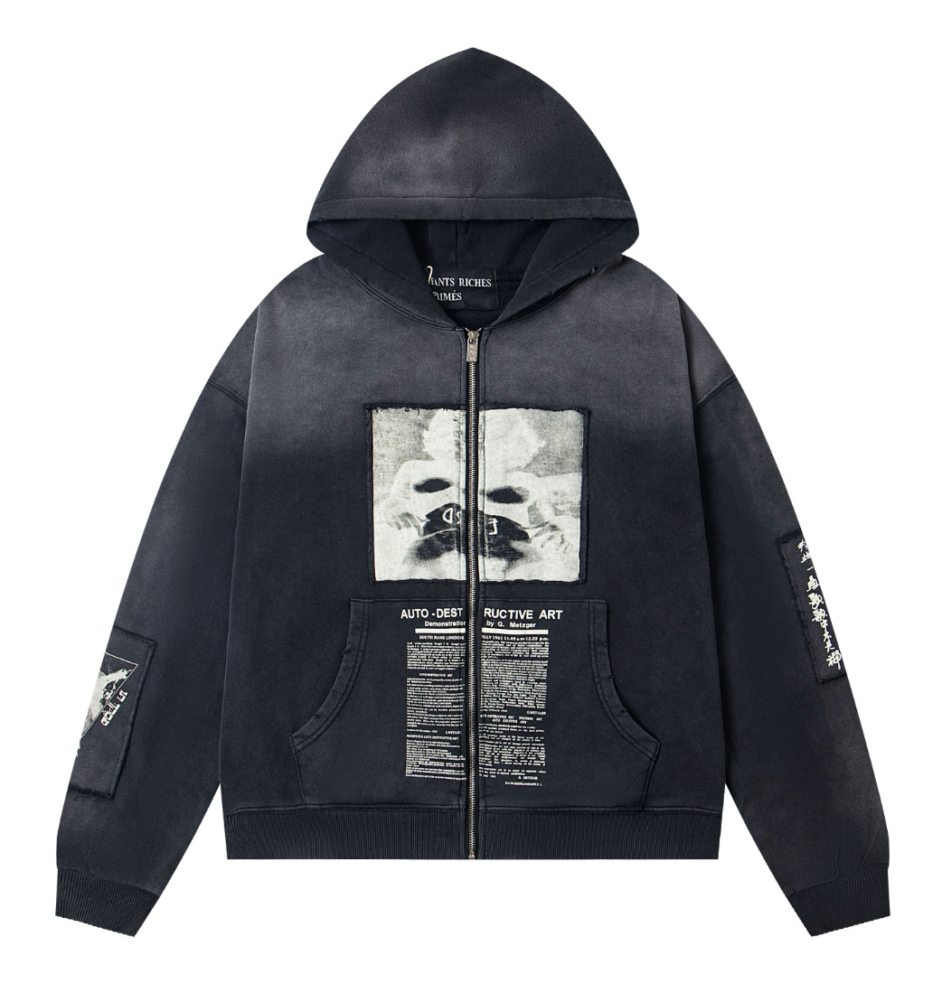 Enfants Riches Déprimés G. Metzger Melancholic Rich Second-Generation Hooded Jacket Portrait Slogan Faded Black