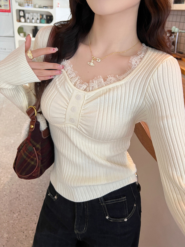 V领蕾丝针织打底衫女款内搭修身2025秋冬新款高级感毛衣短款上衣|undefined