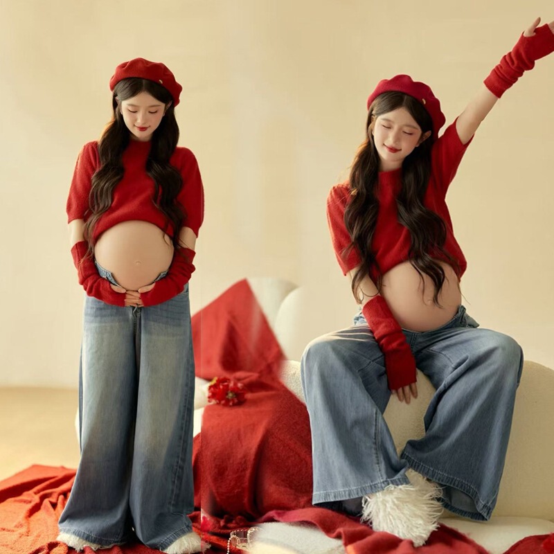New Photo Studio Pregnant Women Photo Clothing Christmas Theme New Year Red Sweater Photography Pregnant Women Photo Clothes at Home